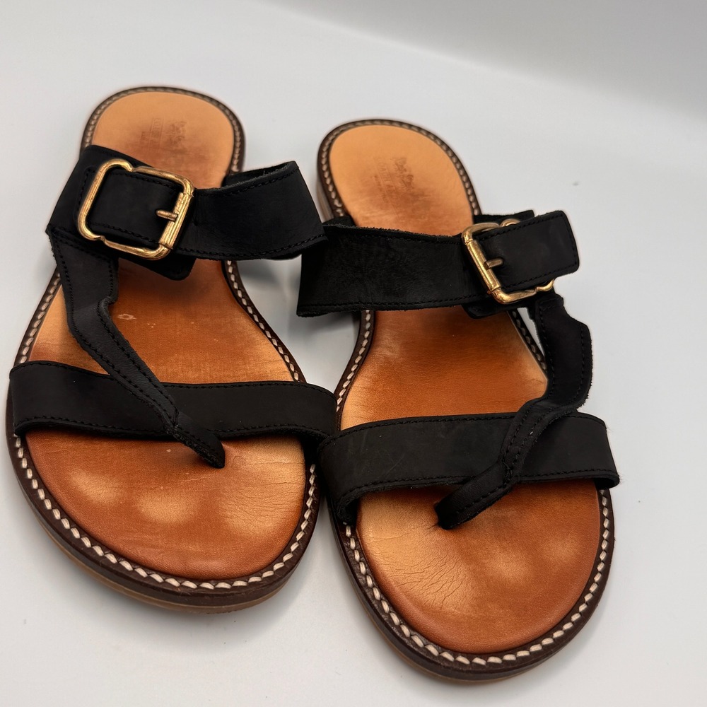 Coach And Four Black Leather Toe Loop Thong Sandals Made in Italy Flat Buckle
